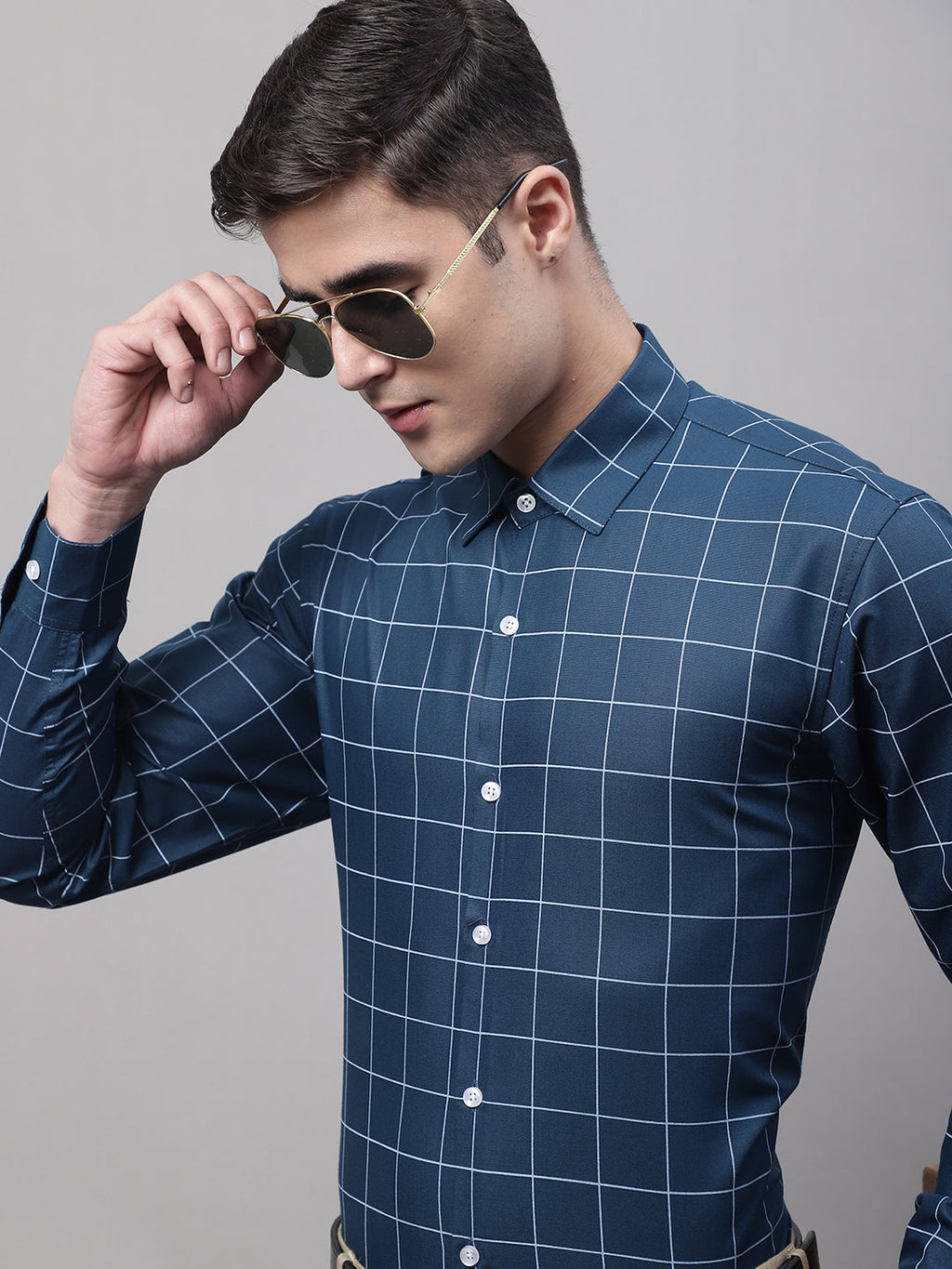 Jainish Men's Teal Blue Cotton Checked Formal Shirt