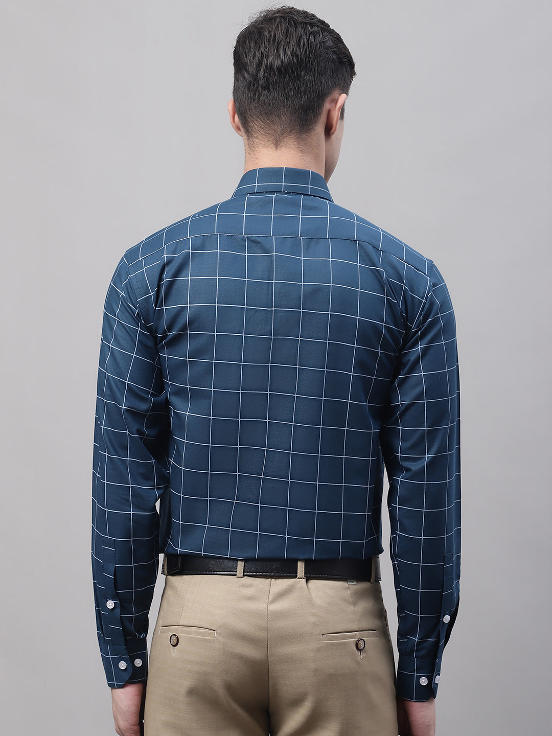 Jainish Men's Teal Blue Cotton Checked Formal Shirt