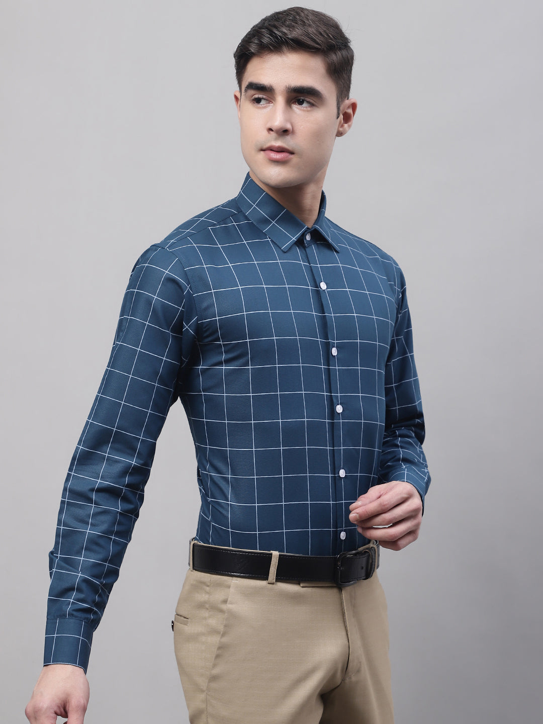 Jainish Men's Teal Blue Cotton Checked Formal Shirt