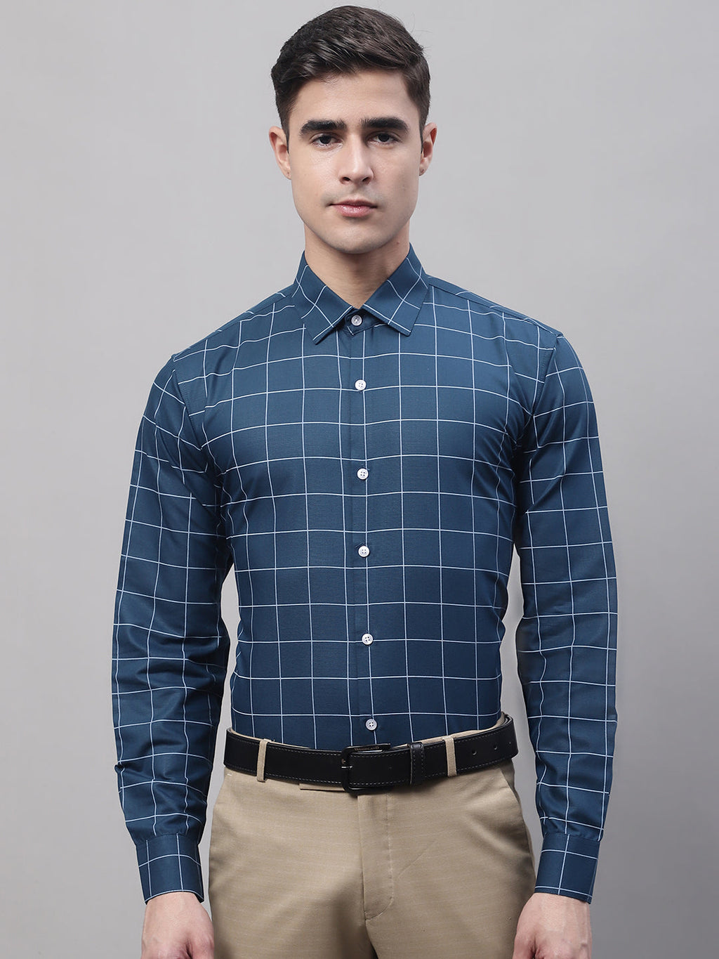 Jainish Men's Teal Blue Cotton Checked Formal Shirt