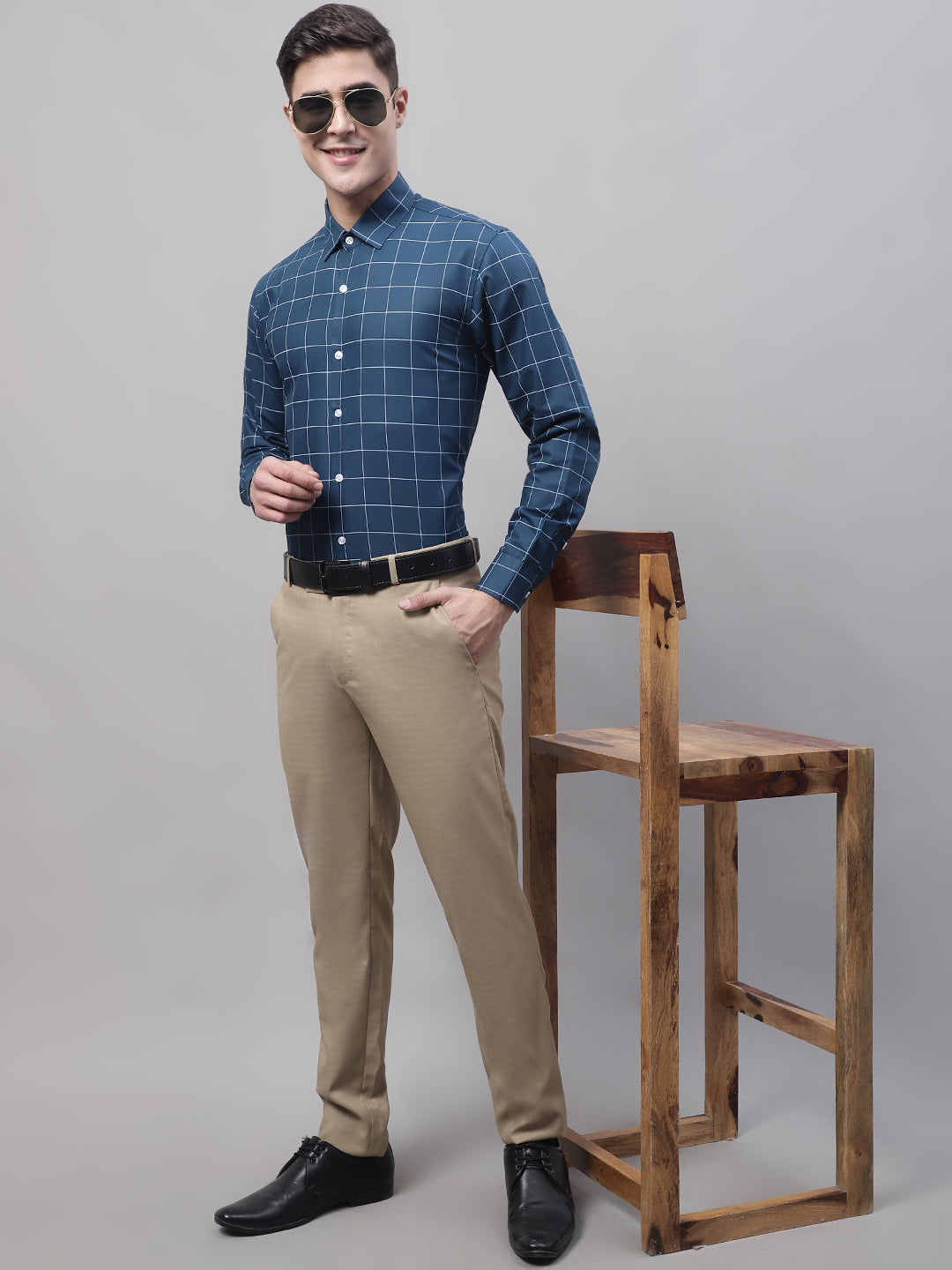 Jainish Men's Teal Blue Cotton Checked Formal Shirt