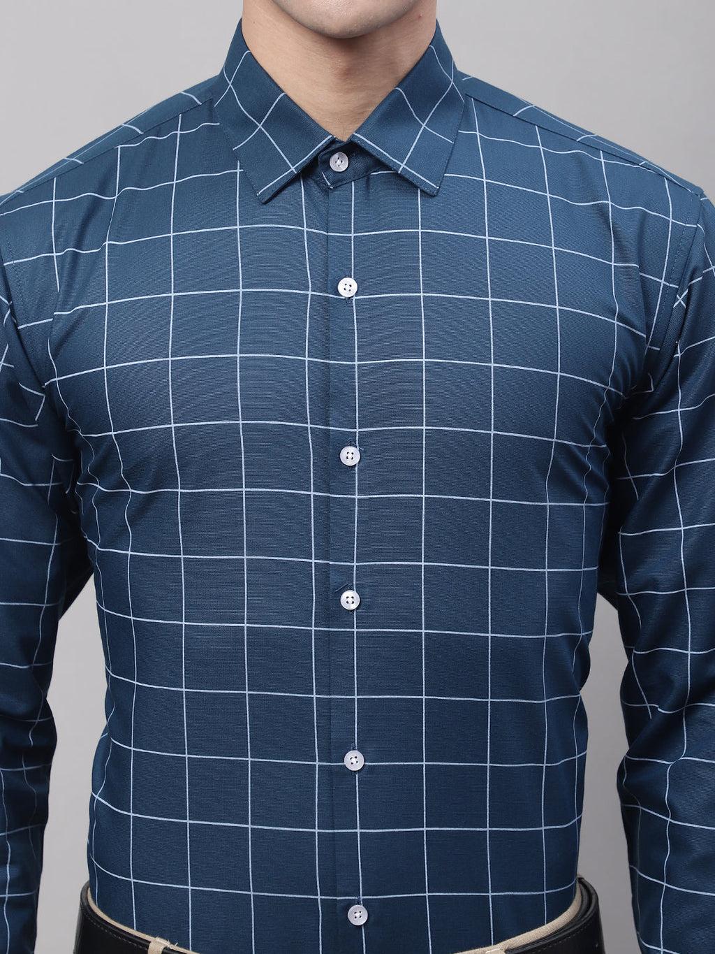 Jainish Men's Teal Blue Cotton Checked Formal Shirt