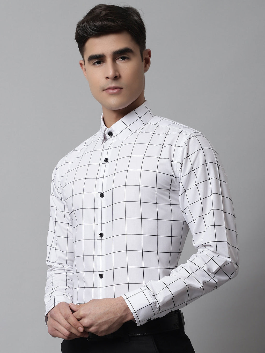 Jainish Men's Cotton Checked Formal Shirts - White