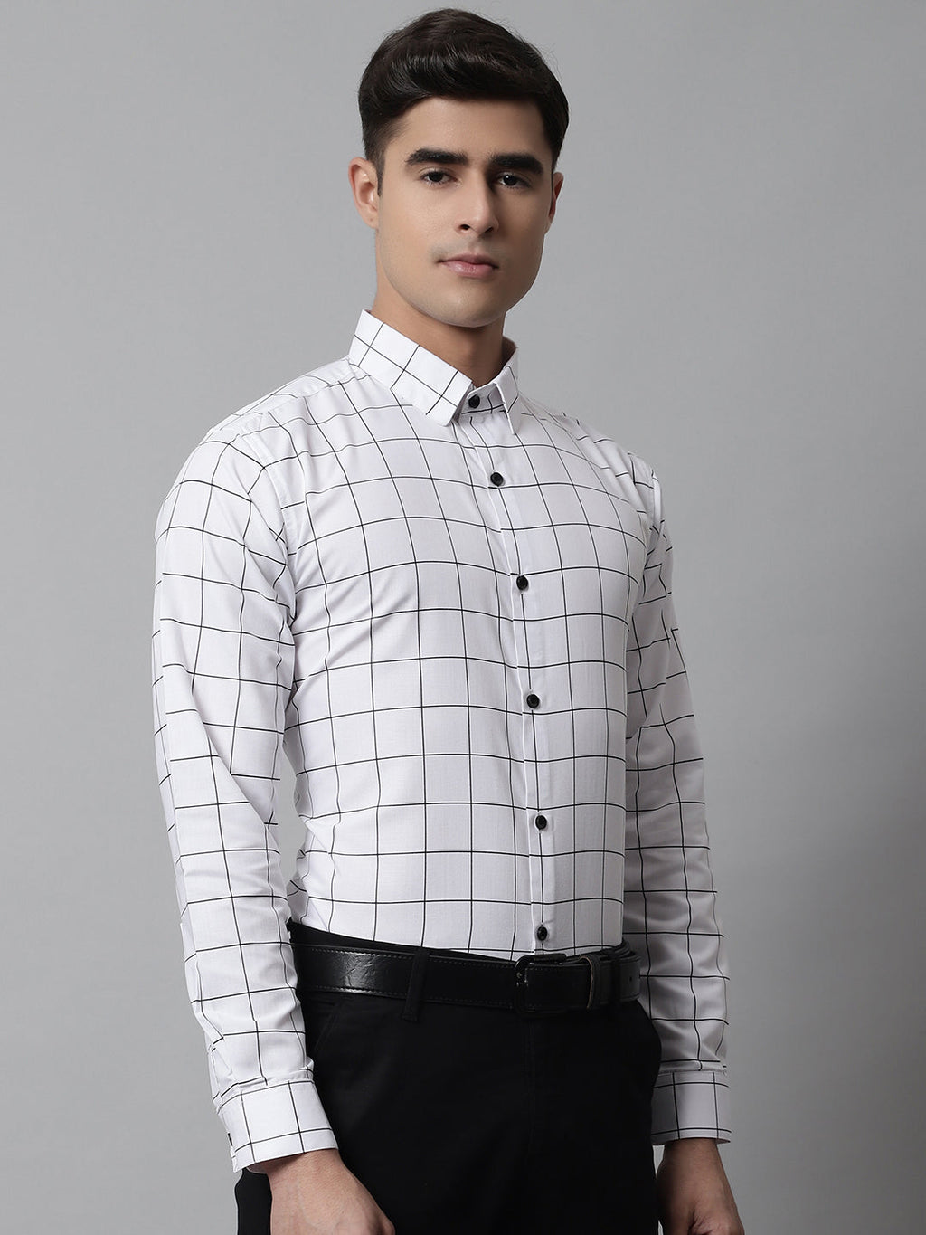 Jainish Men's Cotton Checked Formal Shirts - White
