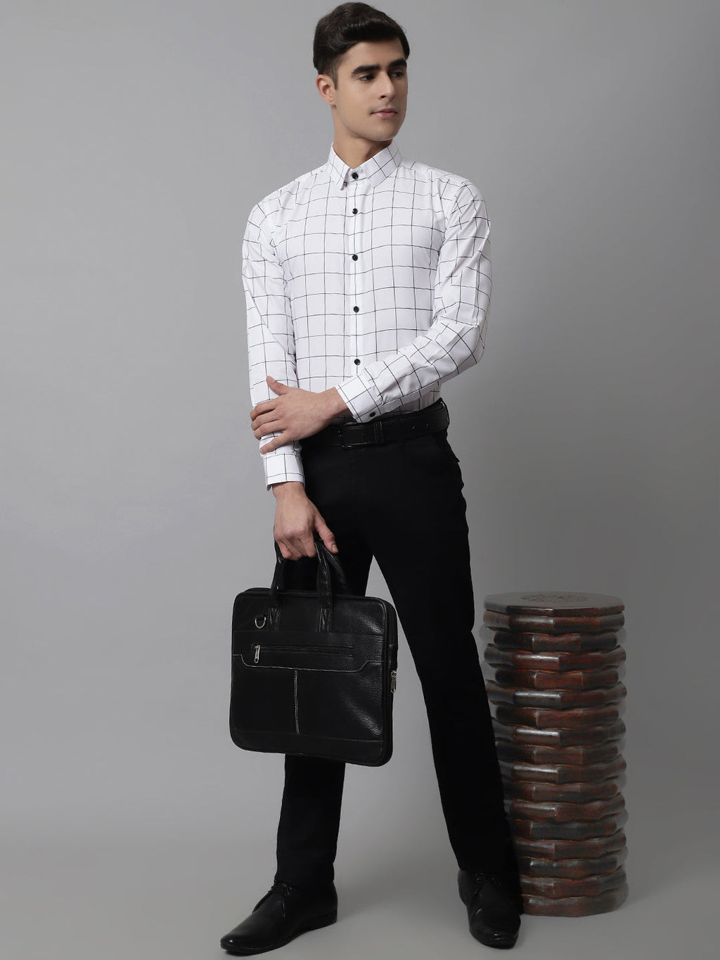 Jainish Men's Cotton Checked Formal Shirts - White