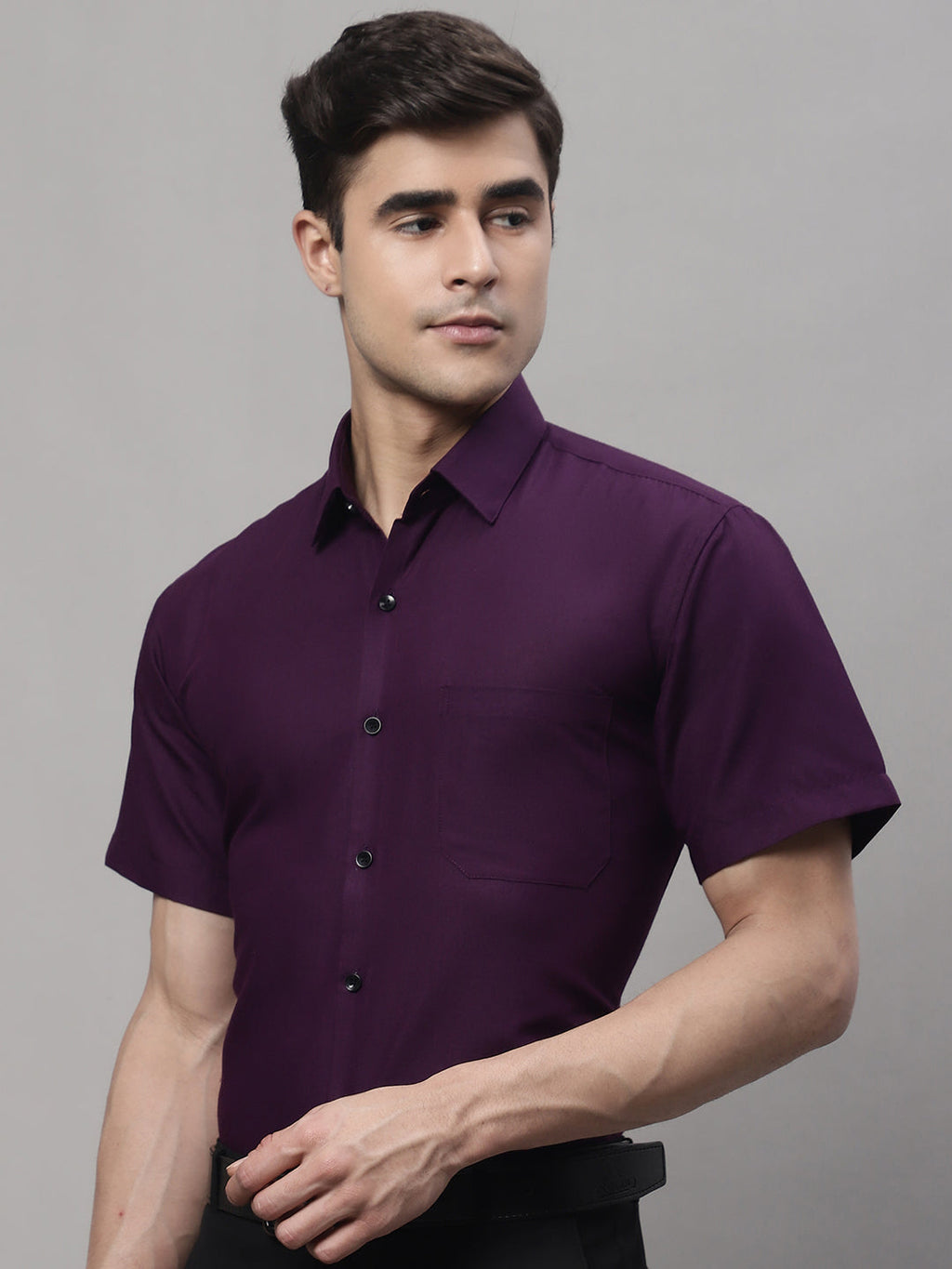 Jainish Men's Cotton Half Sleeves Solid Formal Shirts - Wine