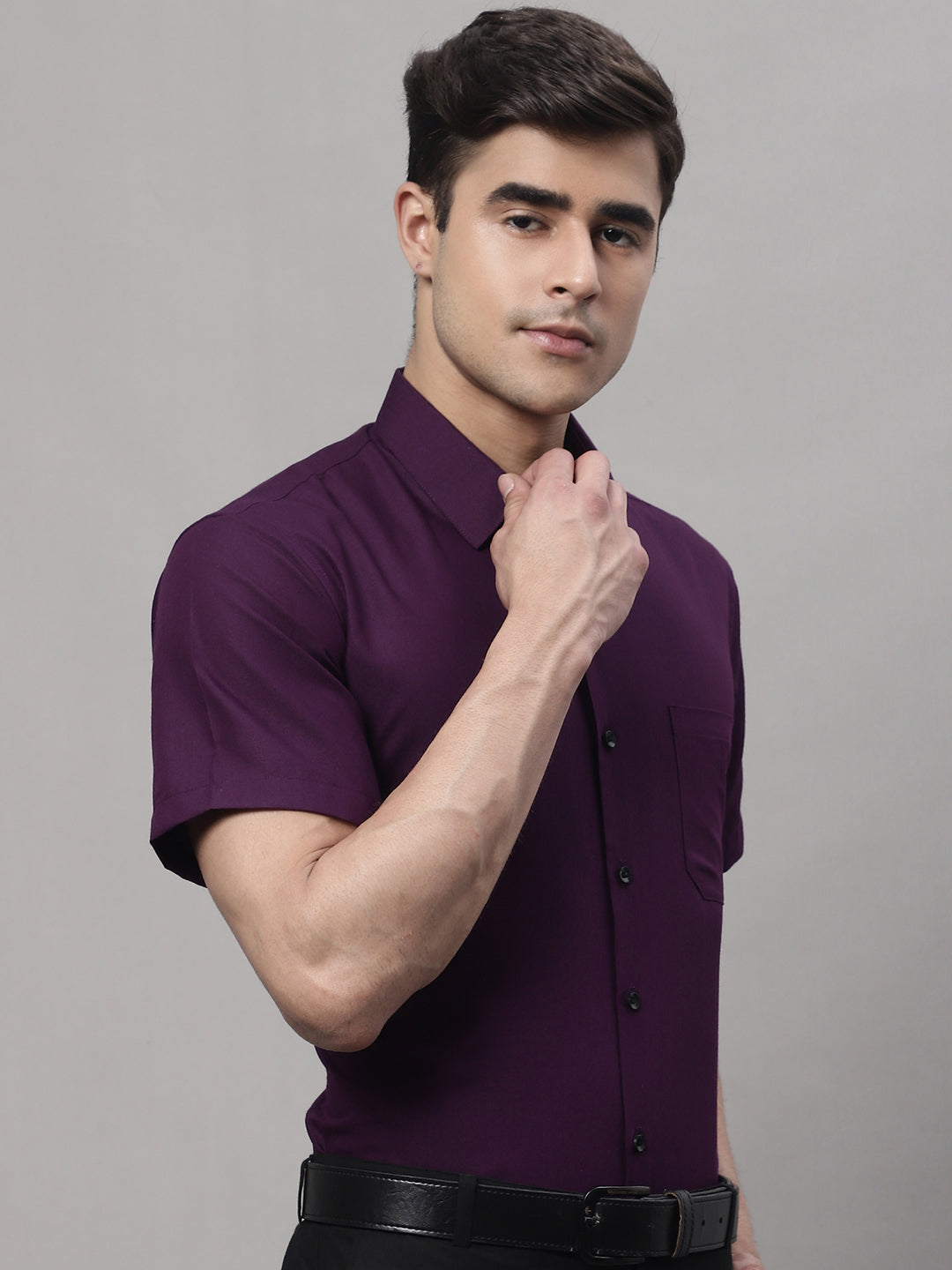 Jainish Men's Cotton Half Sleeves Solid Formal Shirts - Wine