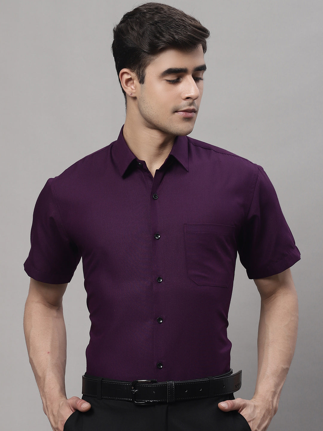 Jainish Men's Cotton Half Sleeves Solid Formal Shirts - Wine