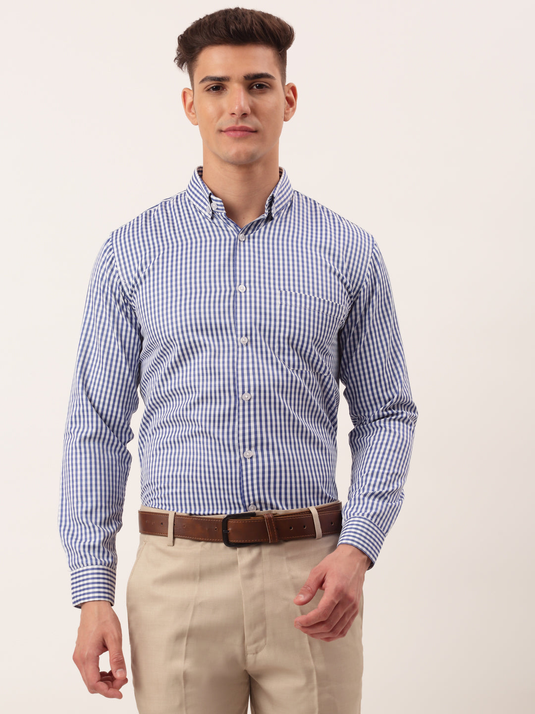 Jainish Men's Cotton Checked Button Down Collar Formal Shirts ( SF 810Blue )