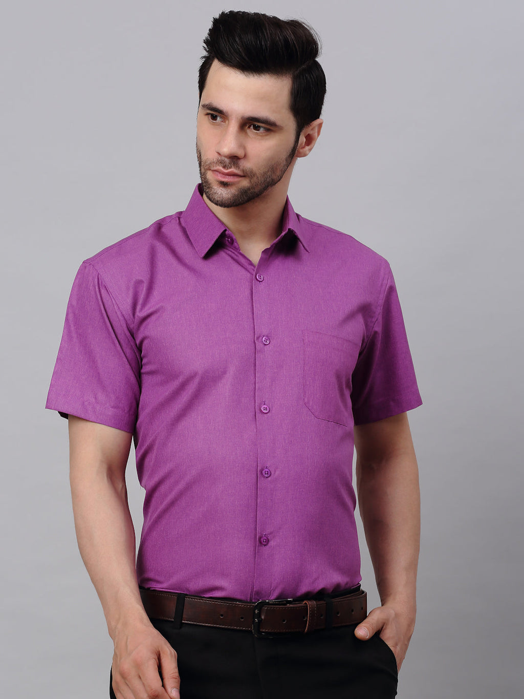 Jainish Men's Cotton Solid Half Sleeves Formal Shirt - Purple