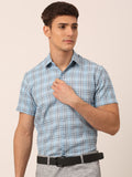 Jainish Men's Cotton Checked Half Sleeves Formal Shirts - Sky Blue