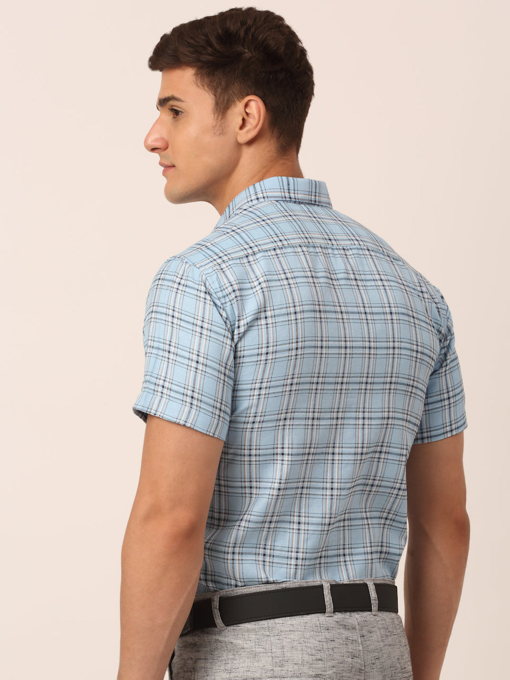 Jainish Men's Cotton Checked Half Sleeves Formal Shirts - Sky Blue