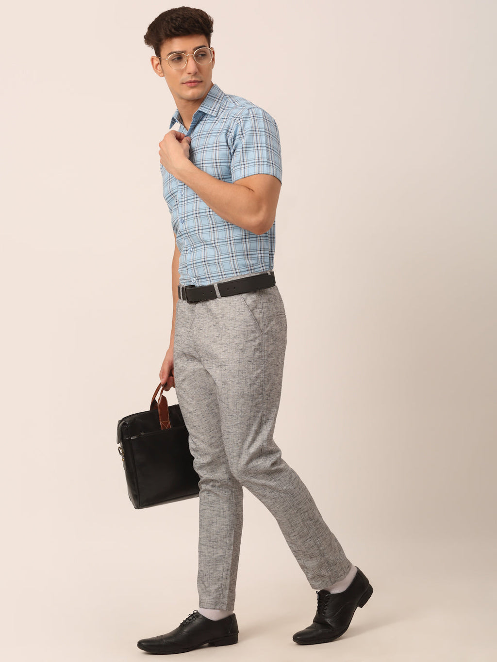 Jainish Men's Cotton Checked Half Sleeves Formal Shirts - Sky Blue