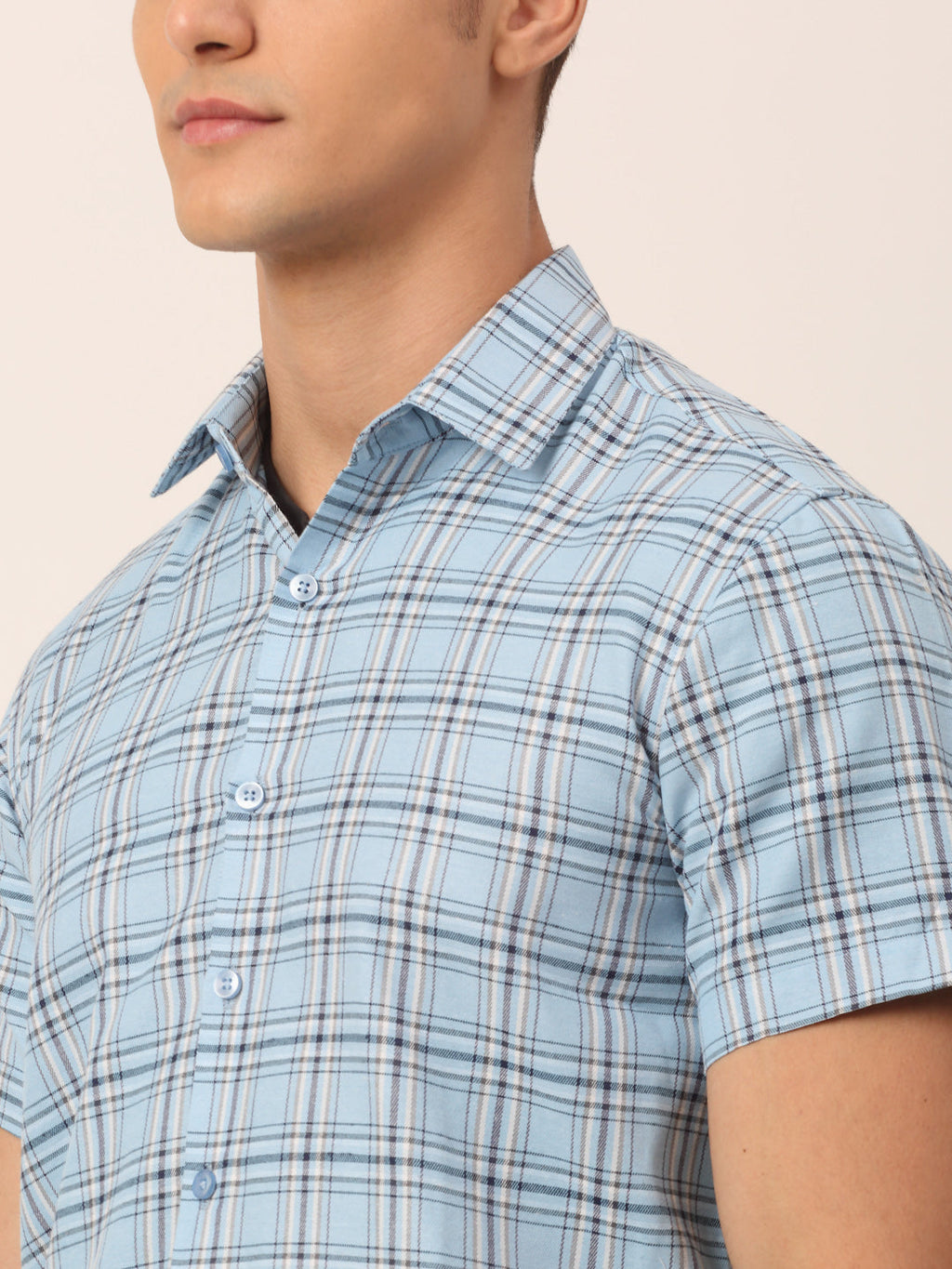 Jainish Men's Cotton Checked Half Sleeves Formal Shirts - Sky Blue