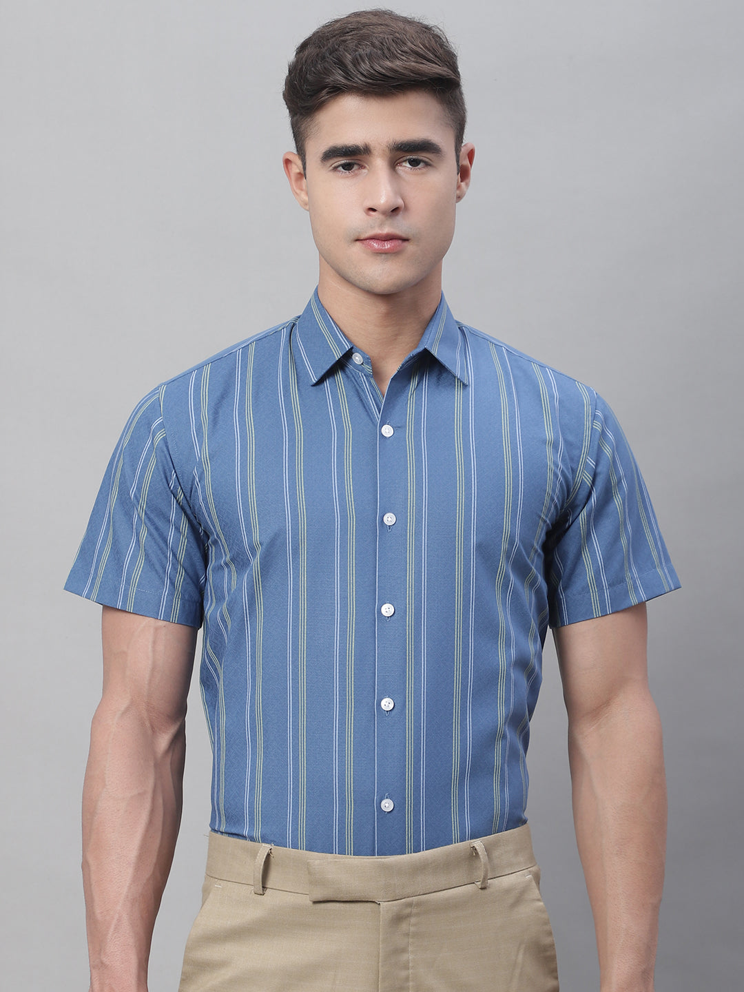 Jainish Men's Blue Striped Formal Shirt