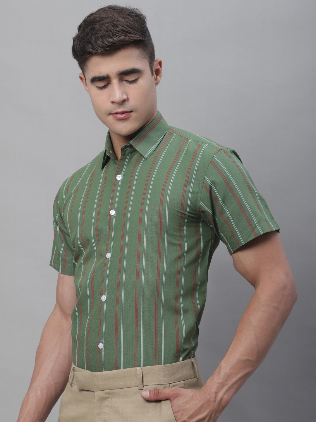 Jainish Men's Olive Green Striped Formal Shirt
