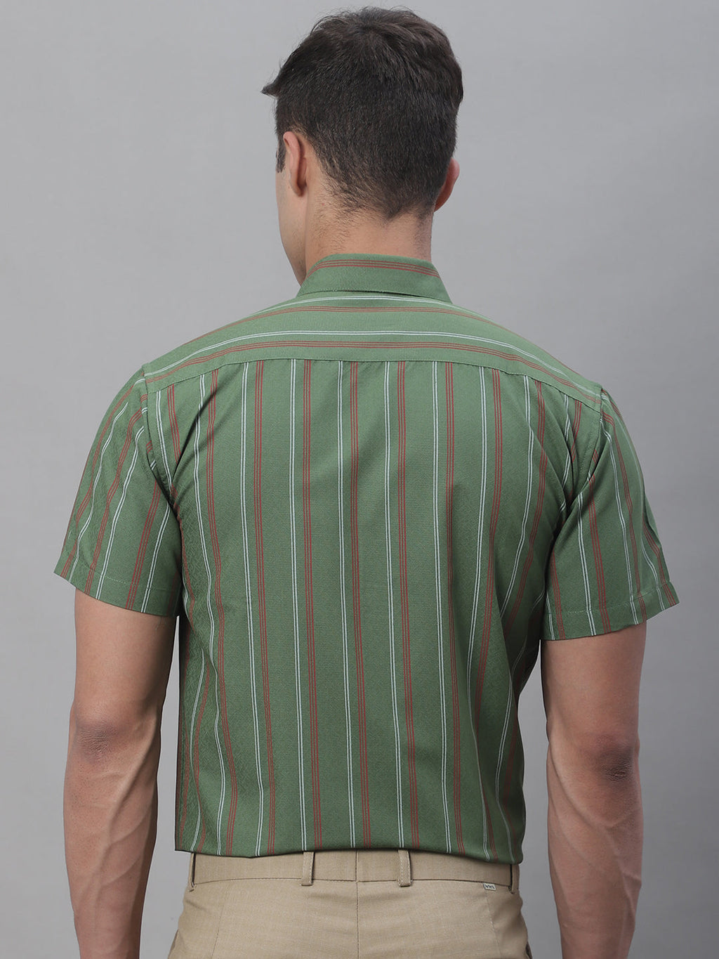 Jainish Men's Olive Green Striped Formal Shirt