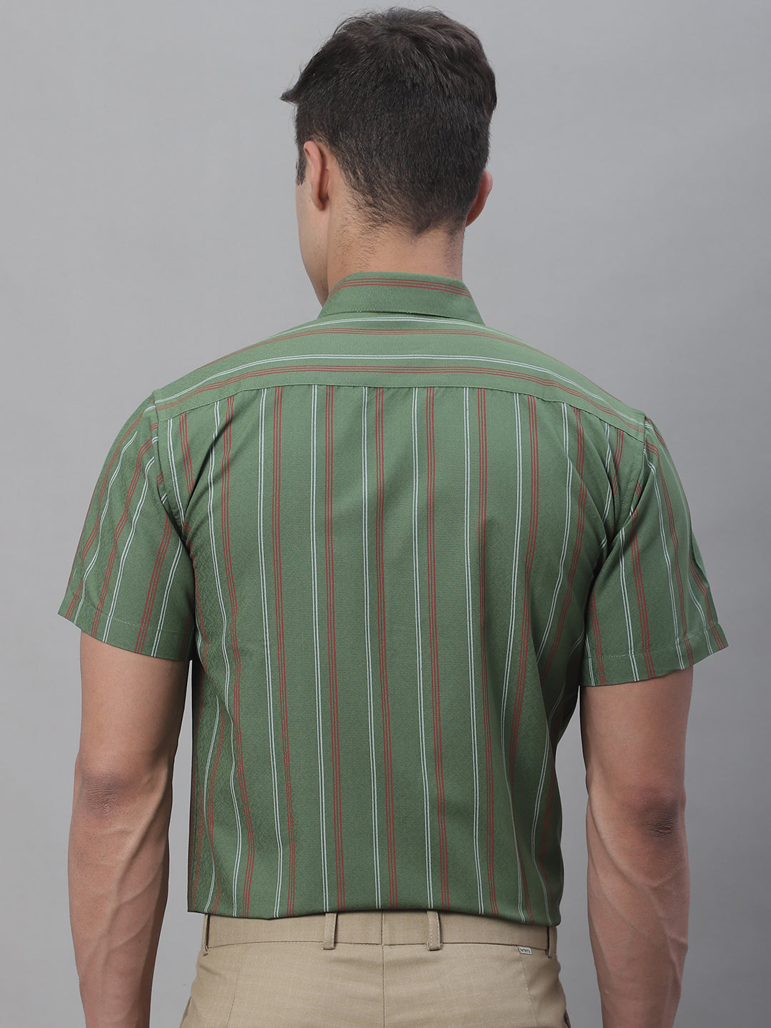 Jainish Men's Olive Green Striped Formal Shirt