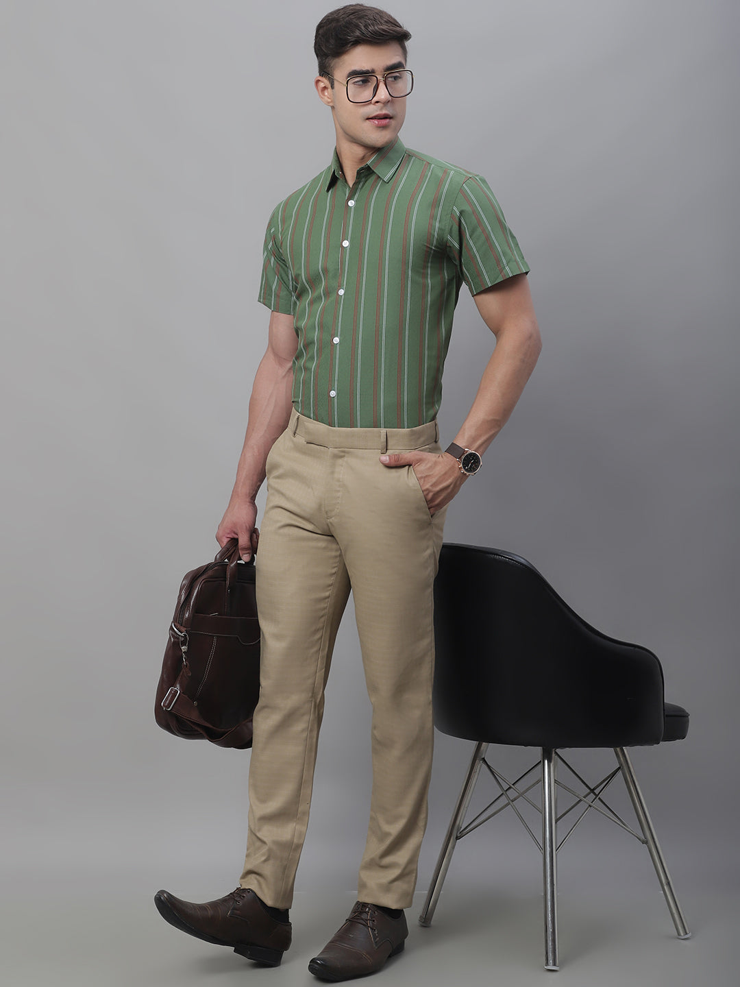 Jainish Men's Olive Green Striped Formal Shirt