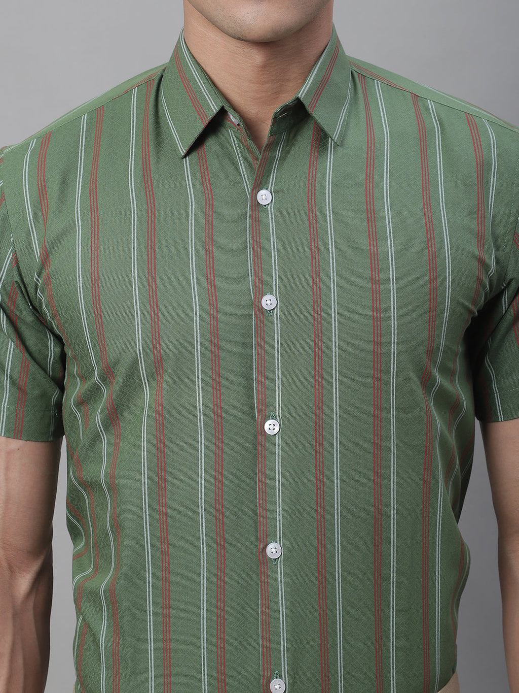 Jainish Men's Olive Green Striped Formal Shirt
