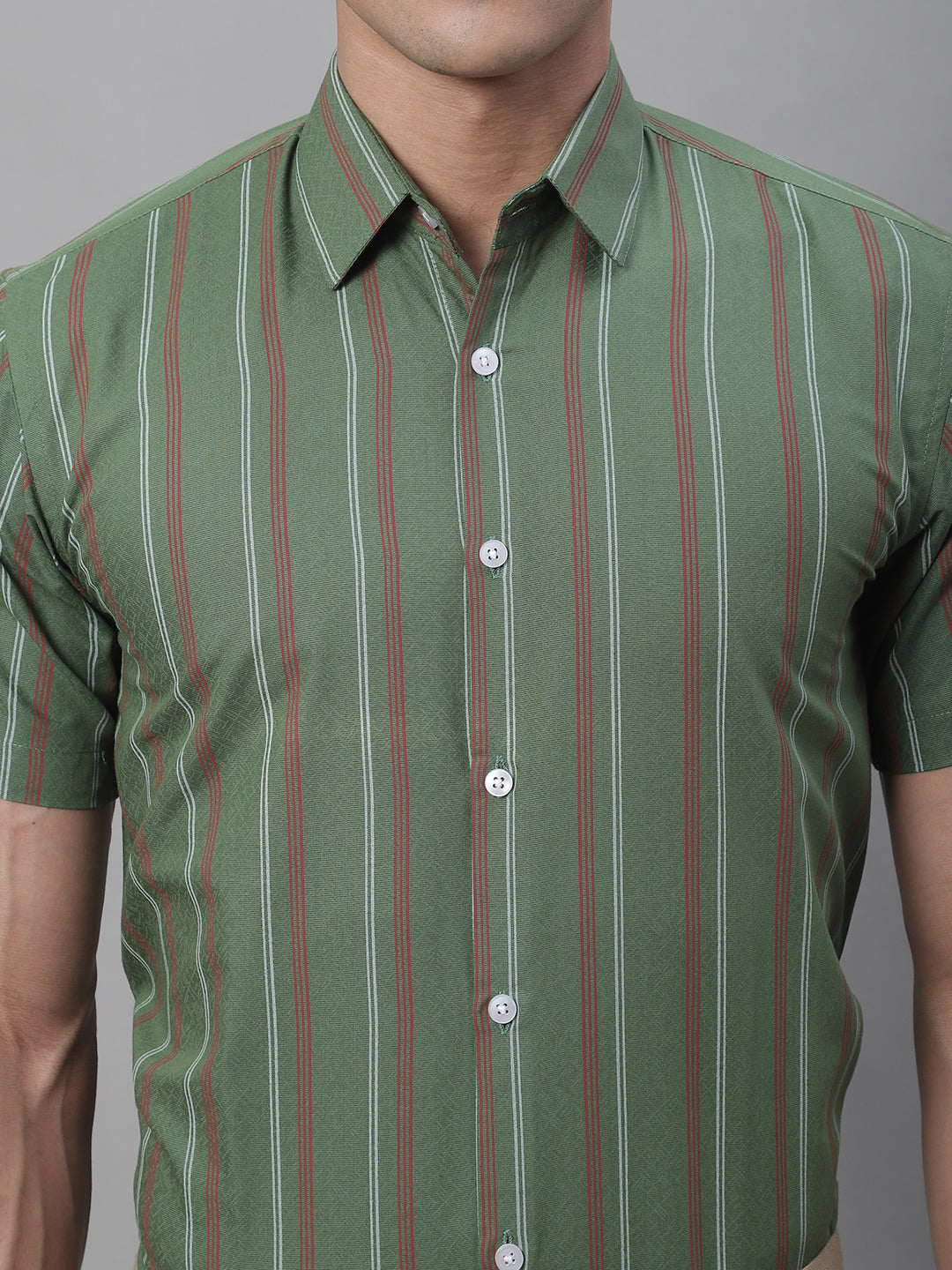 Jainish Men's Olive Green Striped Formal Shirt