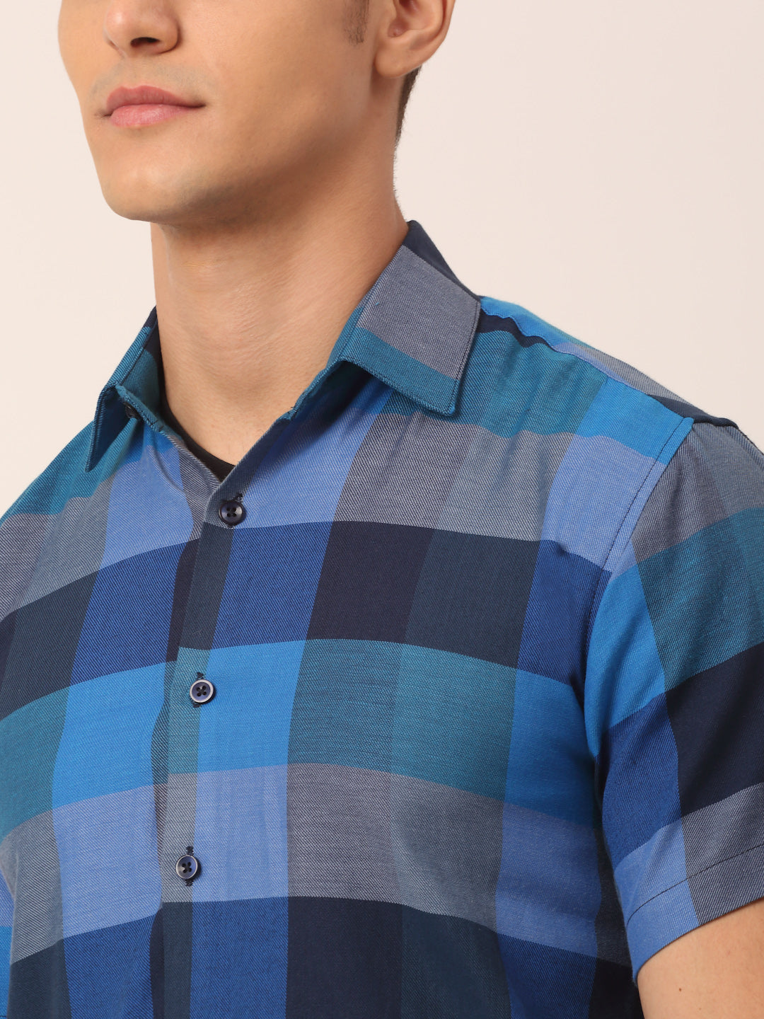 Jainish Men's Cotton Checked Half Sleeve Formal Shirts ( SF 817Blue )