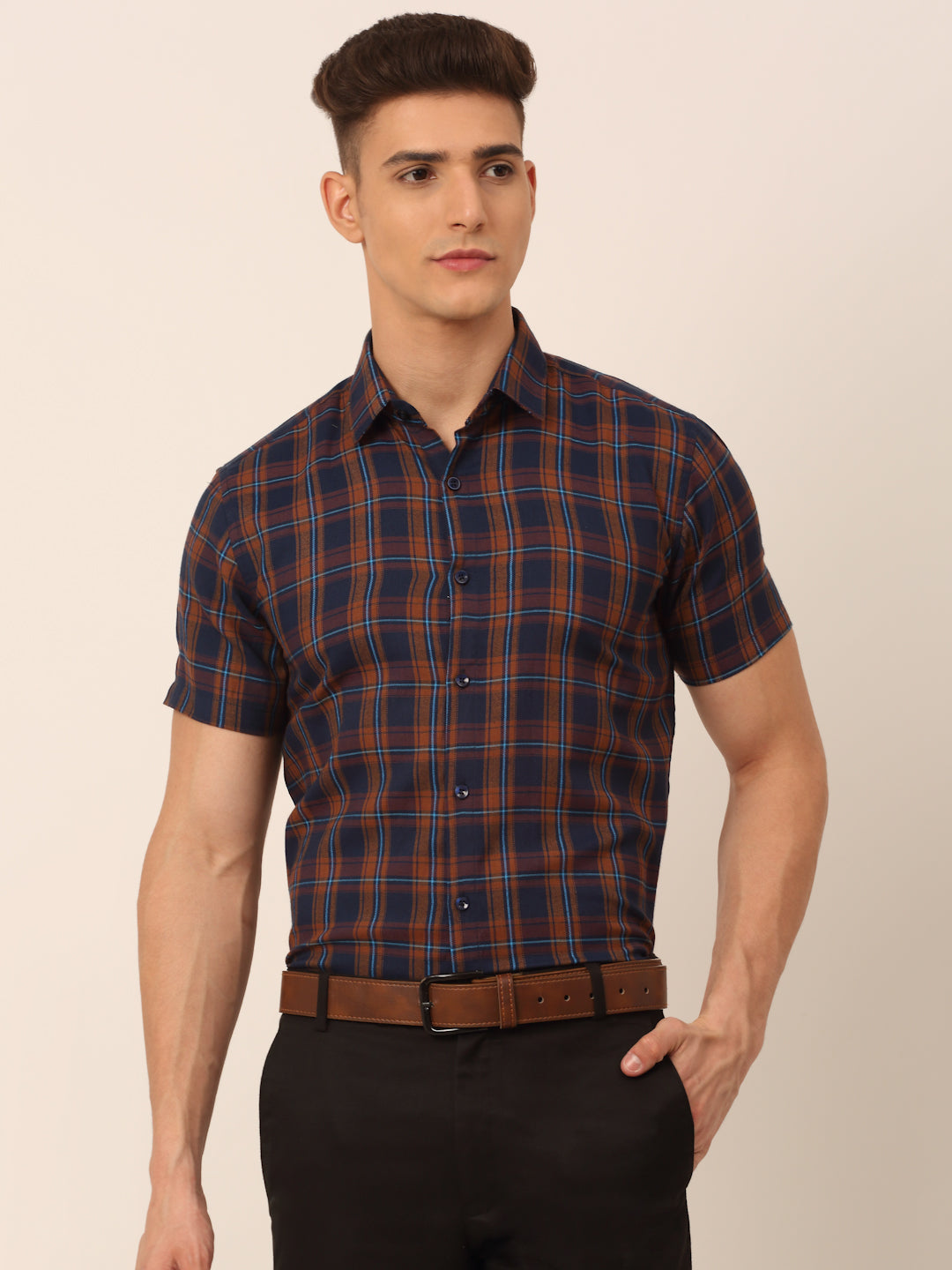 Jainish Men's Cotton Checked Half Sleeves Formal Shirts - Orange-Blue
