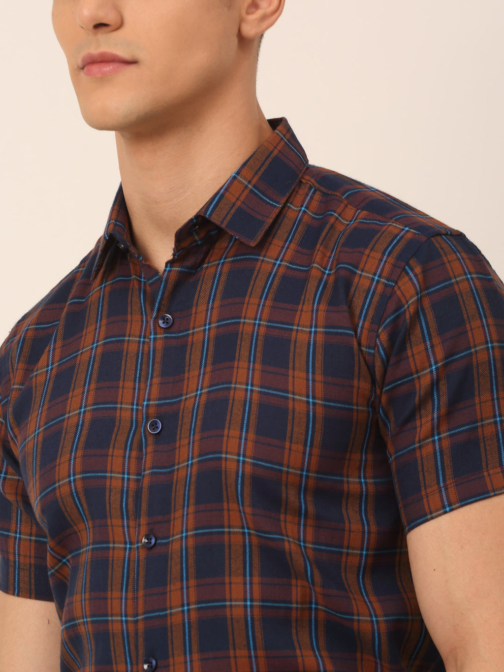 Jainish Men's Cotton Checked Half Sleeves Formal Shirts - Orange-Blue