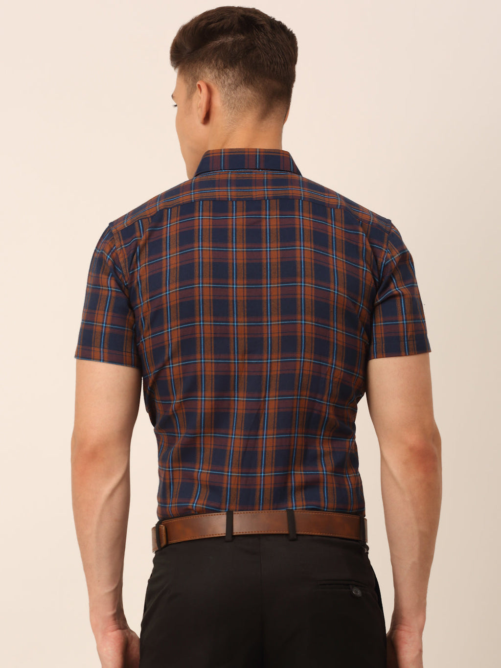 Jainish Men's Cotton Checked Half Sleeves Formal Shirts - Orange-Blue