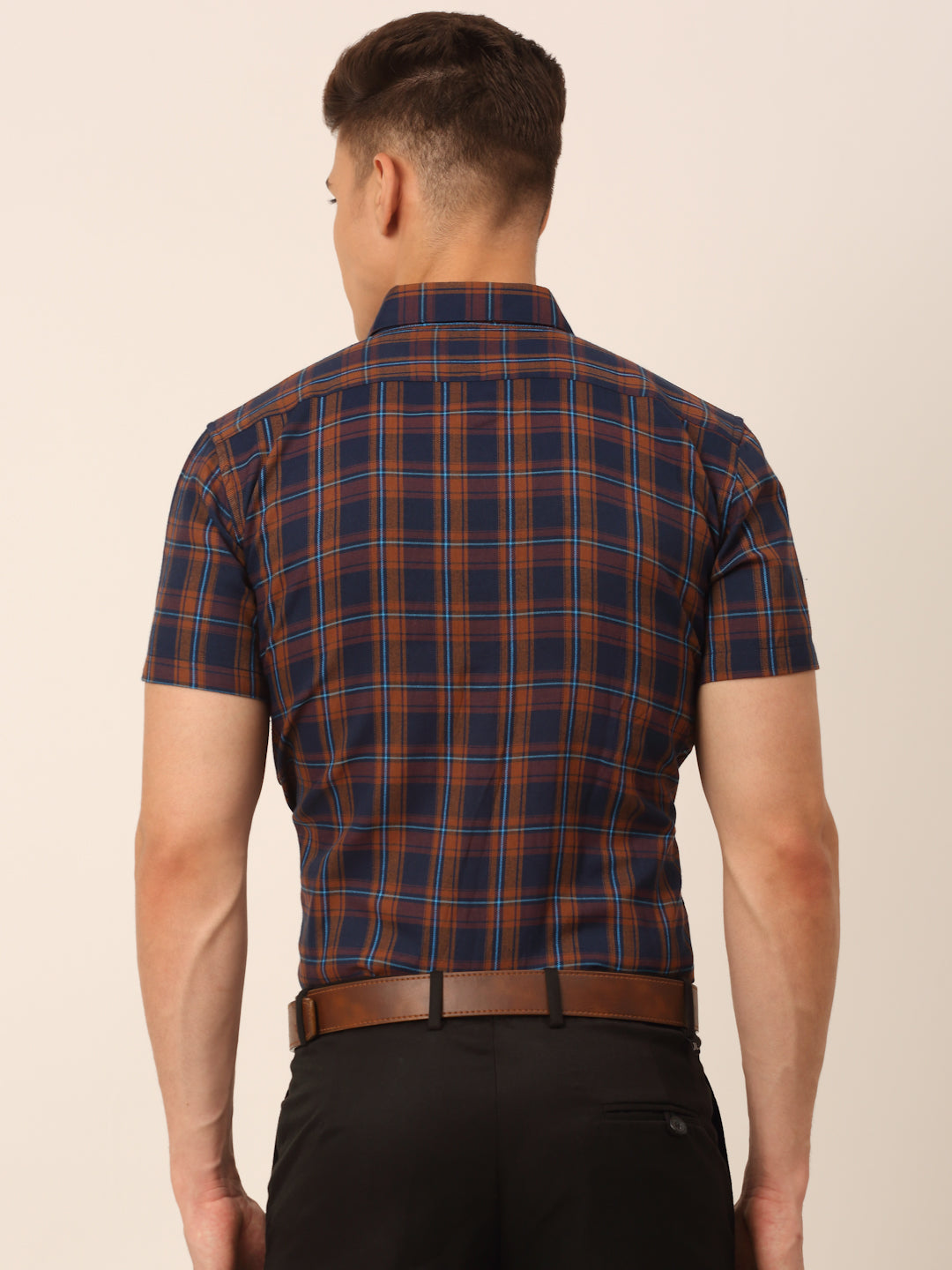 Jainish Men's Cotton Checked Half Sleeves Formal Shirts - Orange-Blue