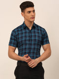 Jainish Men's Cotton Checked Half Sleeves Formal Shirts - Sky Blue-Blue