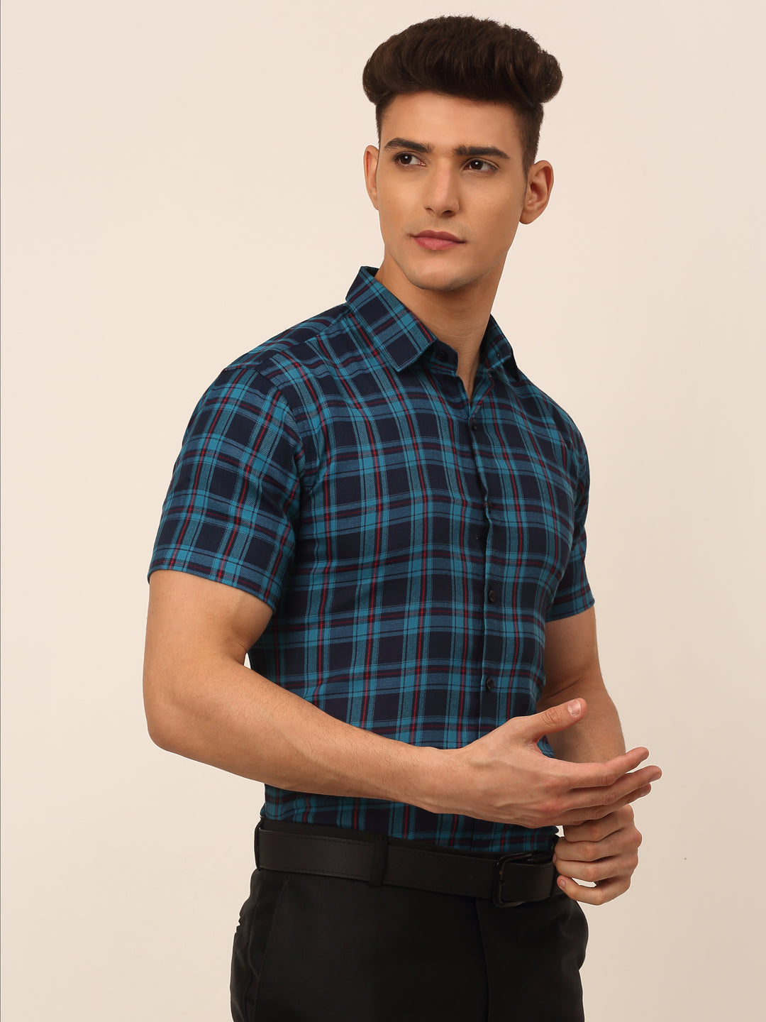 Jainish Men's Cotton Checked Half Sleeves Formal Shirts - Sky Blue-Blue