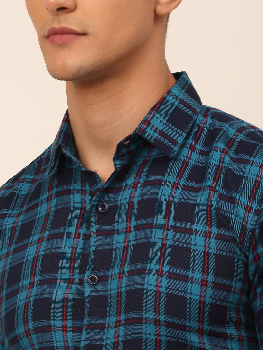 Jainish Men's Cotton Checked Half Sleeves Formal Shirts - Sky Blue-Blue