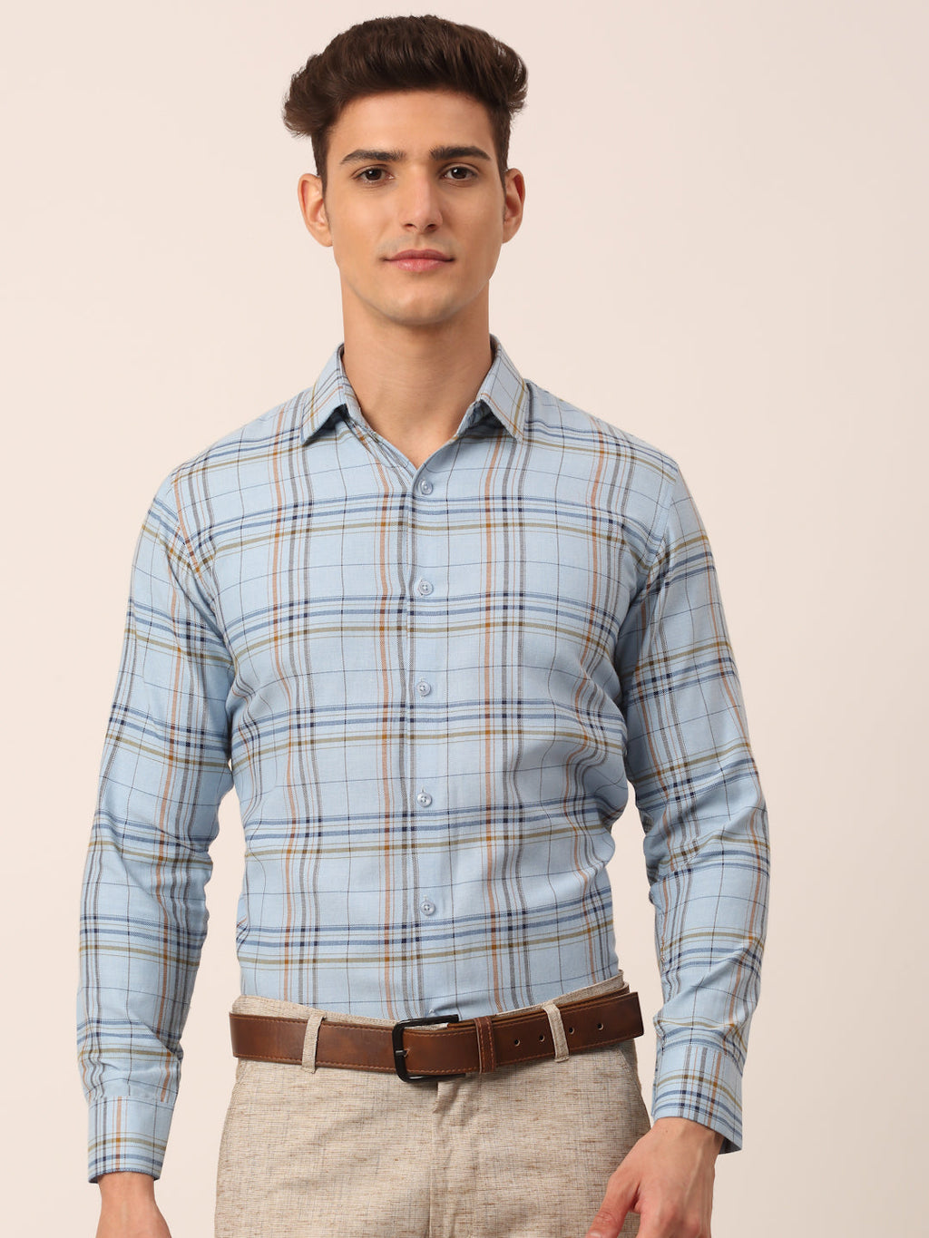Jainish Men's Cotton Checked Formal Shirts ( SF 819Sky )