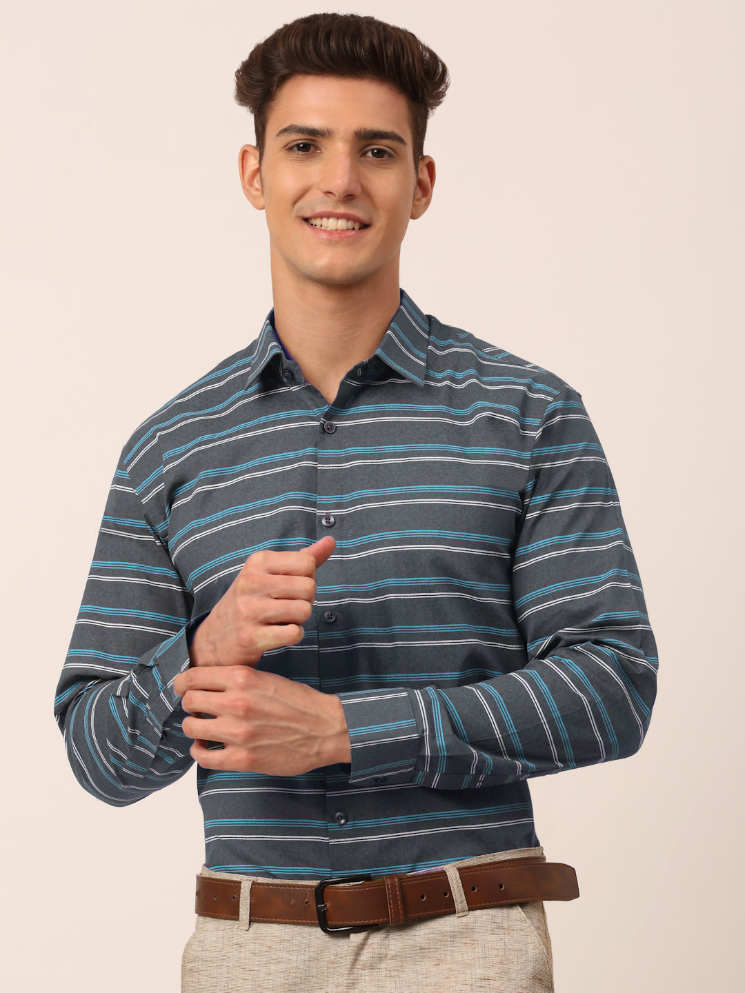Jainish Men's Cotton Striped Formal Shirts ( SF 820Grey )