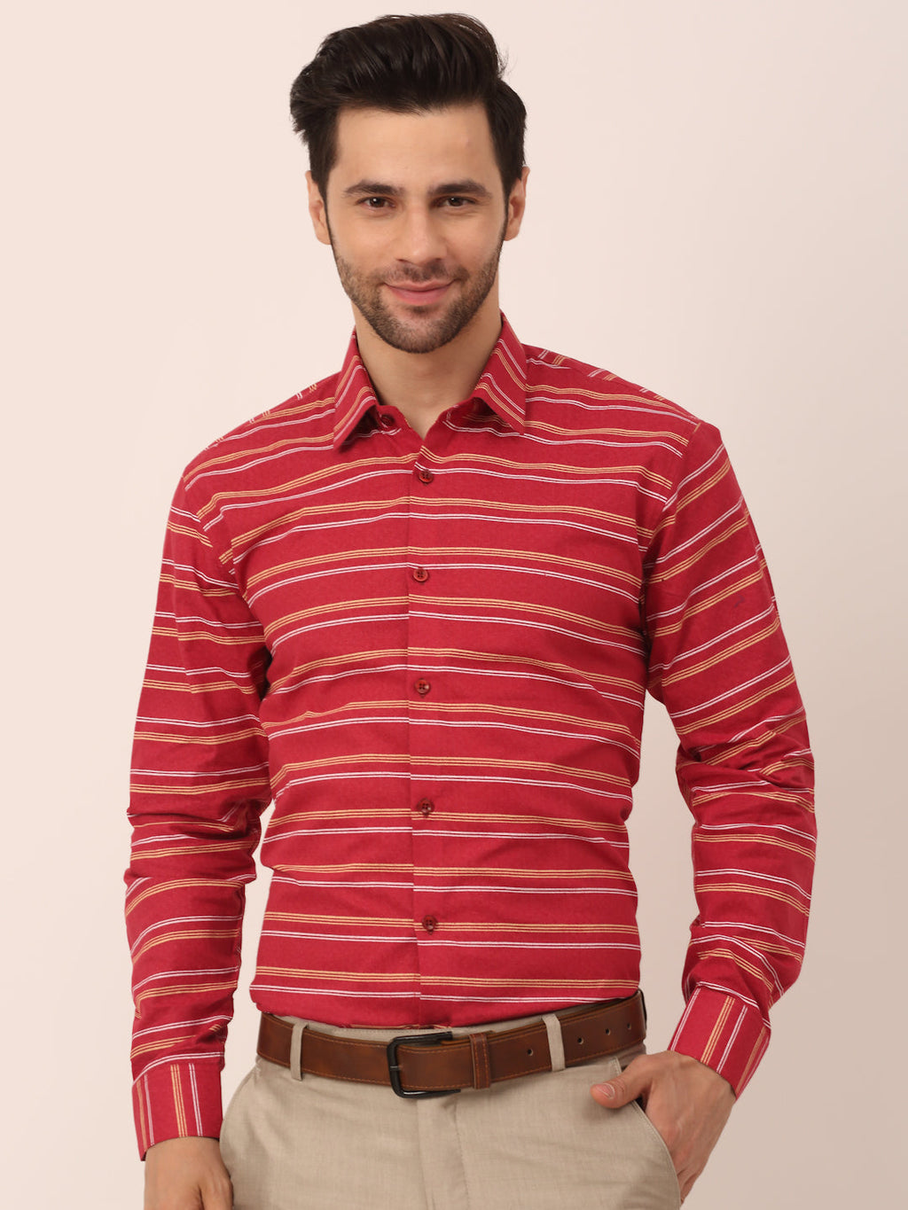 Jainish Men's Cotton Striped Formal Shirts ( SF 820Maroon )