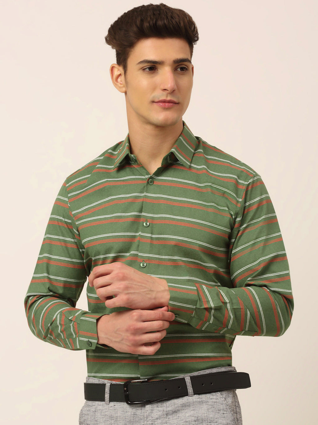 Jainish Men's Cotton Striped Formal Shirts ( SF 820Olive )