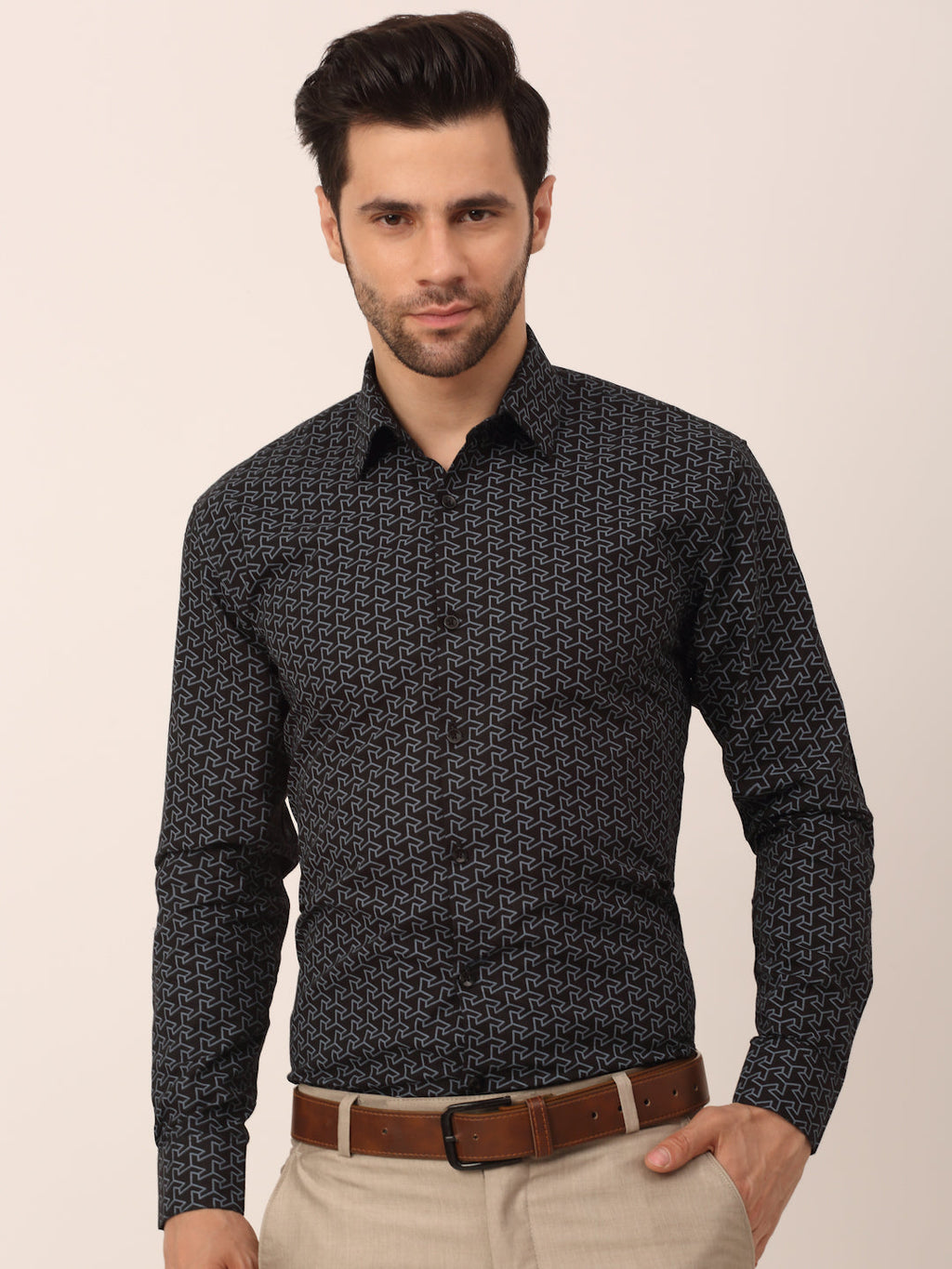Jainish Men's Cotton Printed Formal Shirts ( SF 821Black )