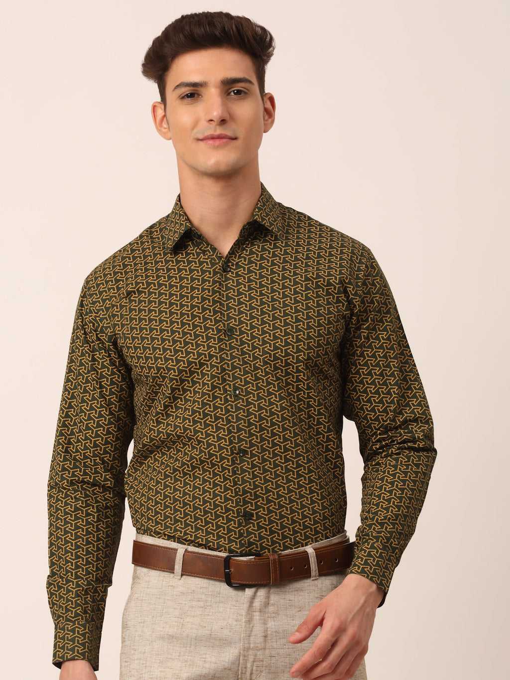 Jainish Men's Cotton Printed Formal Shirts ( SF 821Olive )