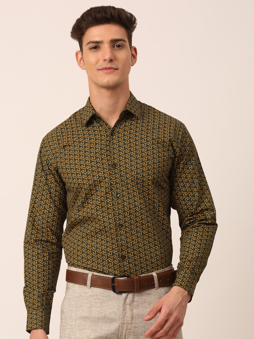 Jainish Men's Cotton Printed Formal Shirts ( SF 821Olive )