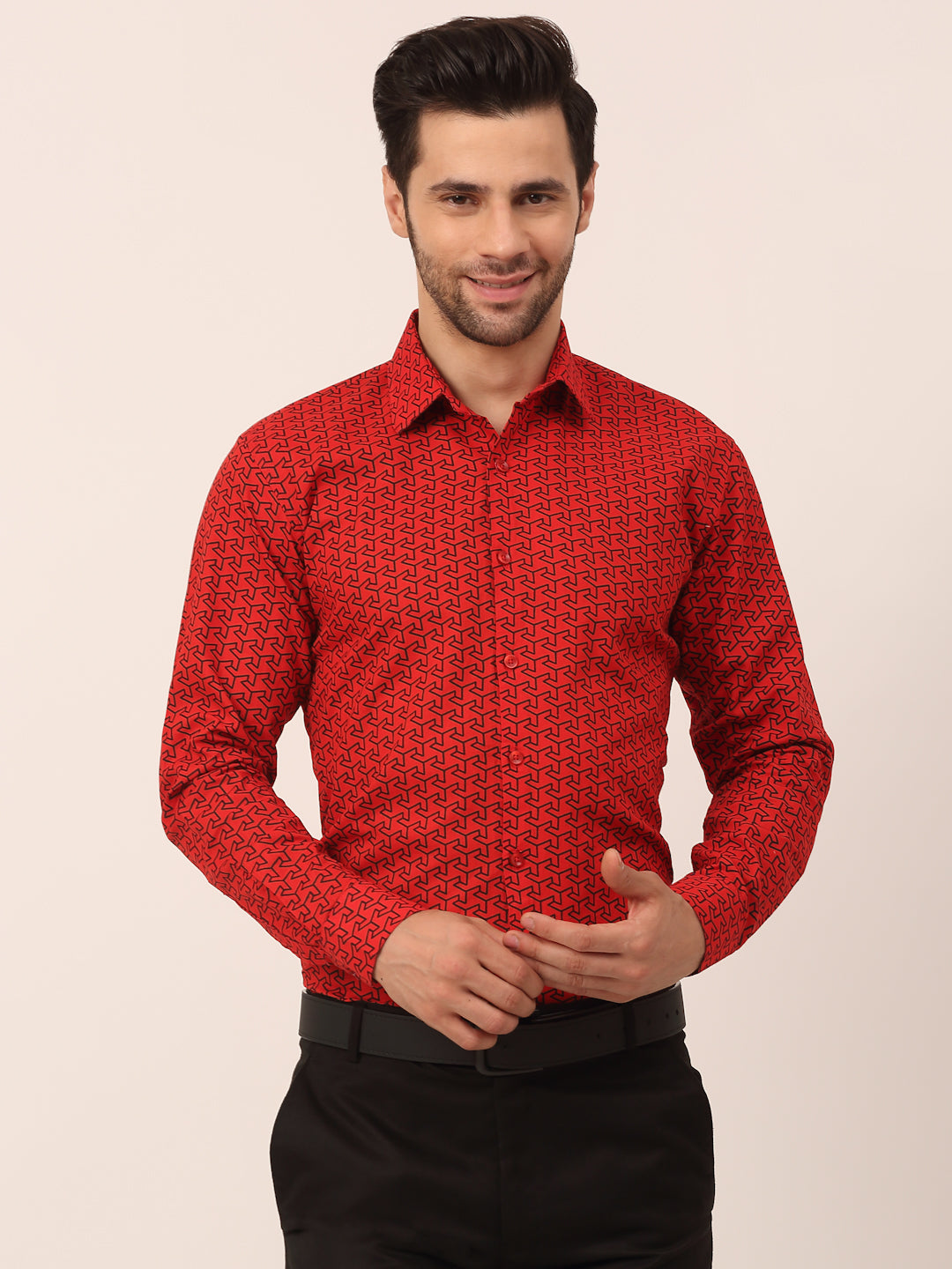 Jainish Men's Cotton Printed Formal Shirts ( SF 821Red )