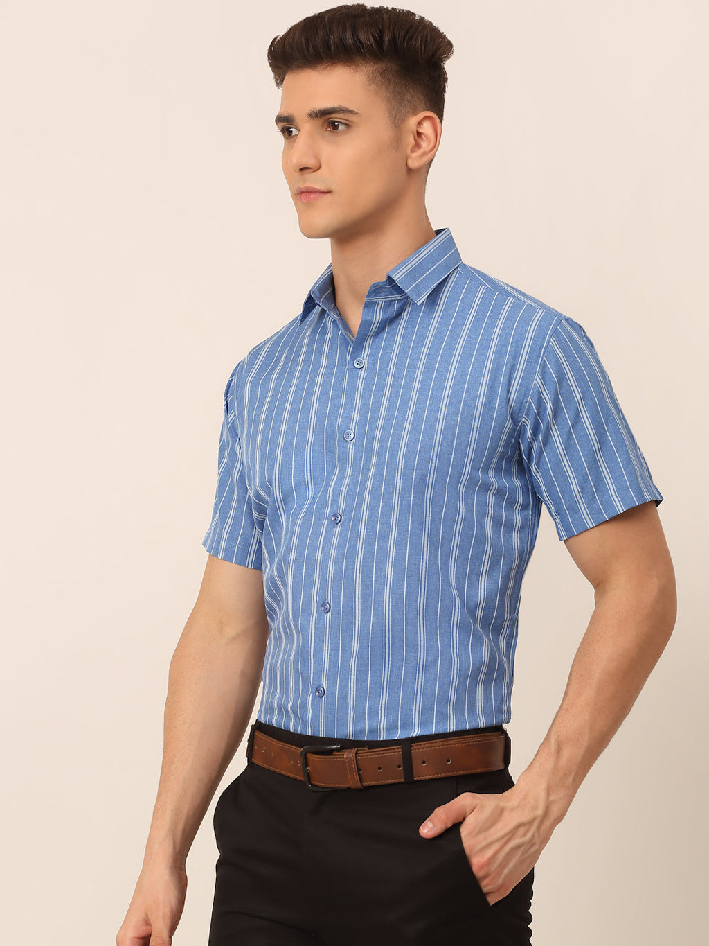 Jainish Men's Blue & White Classic Striped Formal Shirt