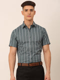 Jainish Men's Cotton Striped Formal Shirts - Grey