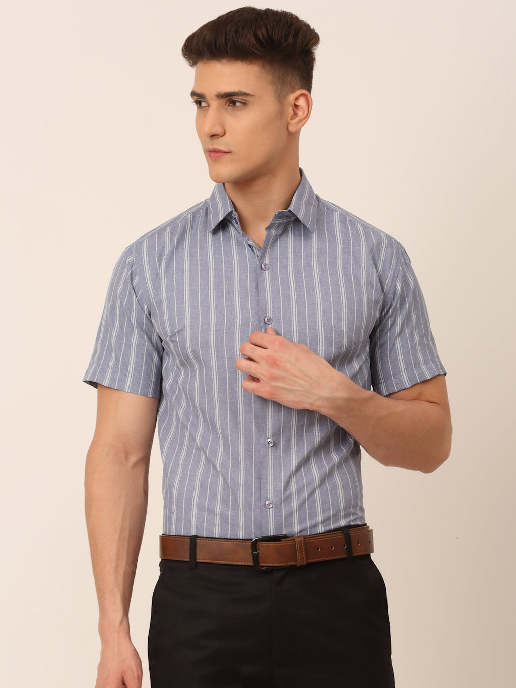 Jainish Men's Cotton Striped Formal Shirts - Light-Grey