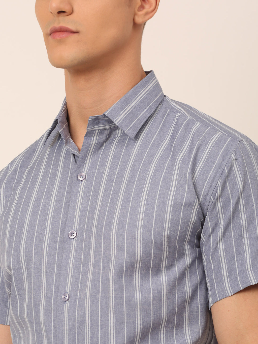 Jainish Men's Cotton Striped Formal Shirts - Light-Grey