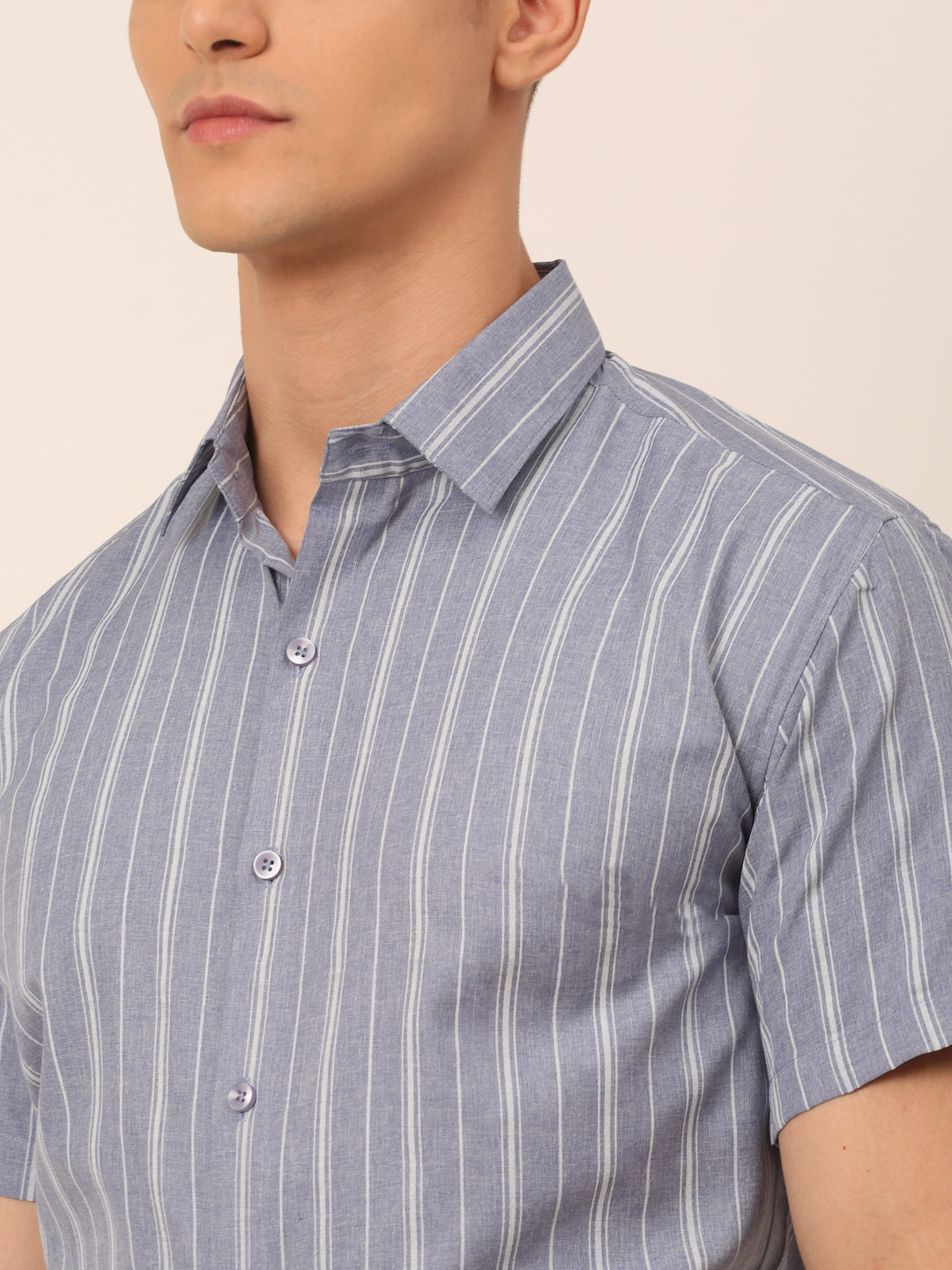 Jainish Men's Cotton Striped Formal Shirts - Light-Grey