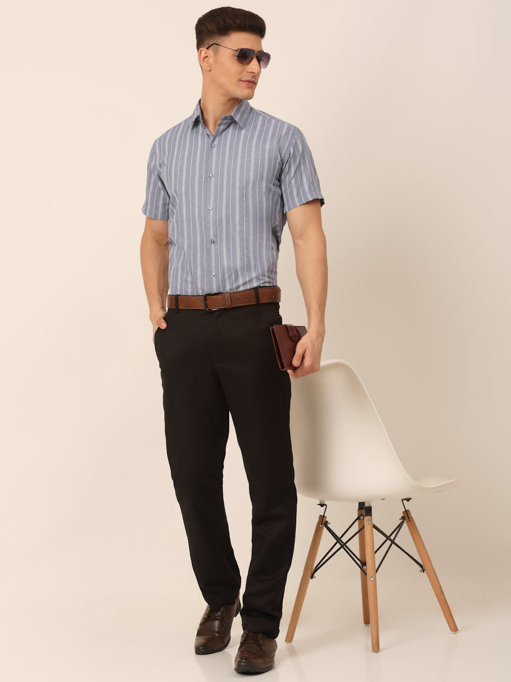 Jainish Men's Cotton Striped Formal Shirts - Light-Grey