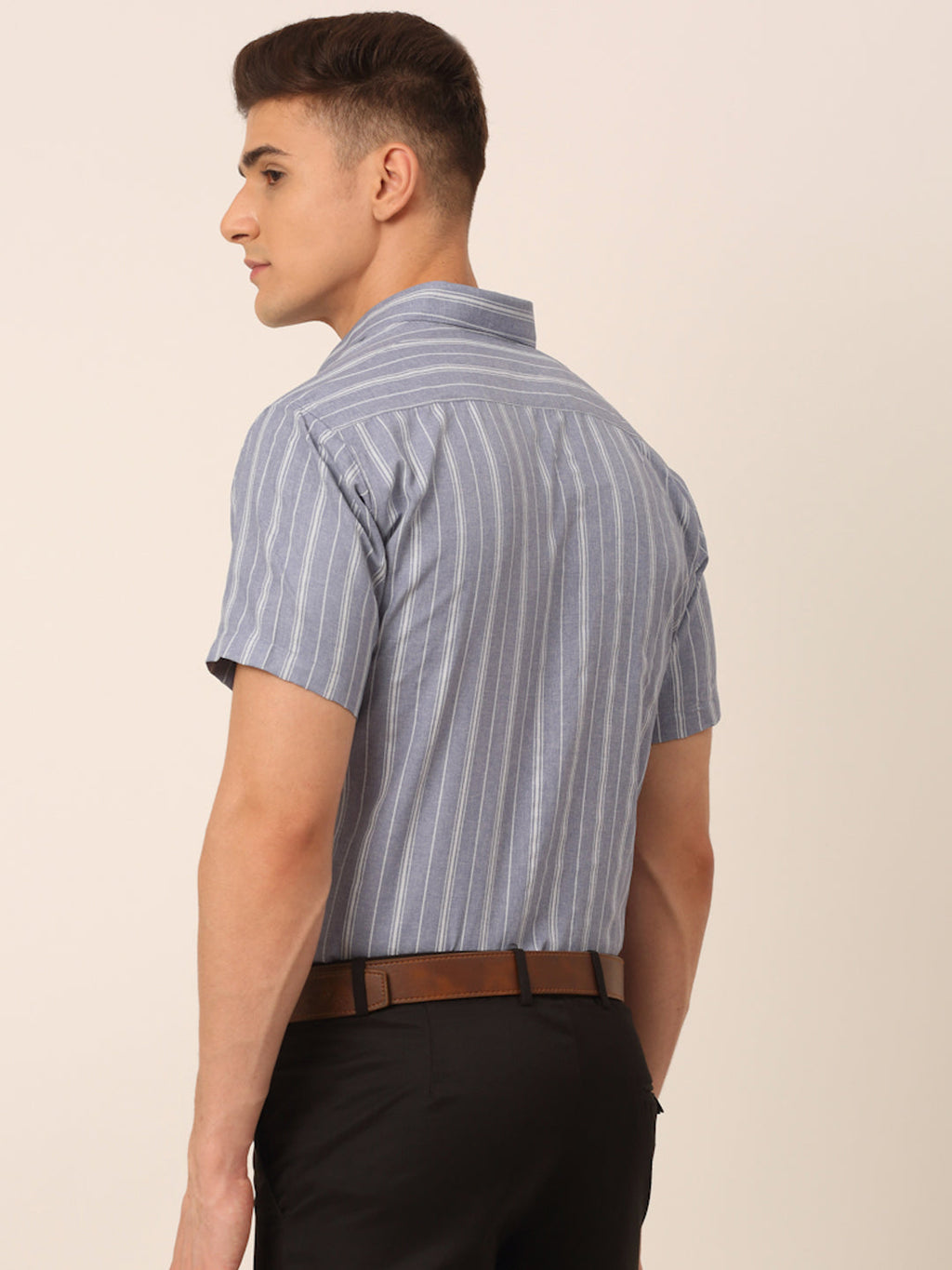 Jainish Men's Cotton Striped Formal Shirts - Light-Grey
