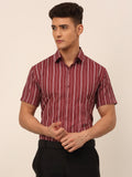 Jainish Men's Cotton Striped Formal Shirts - Maroon