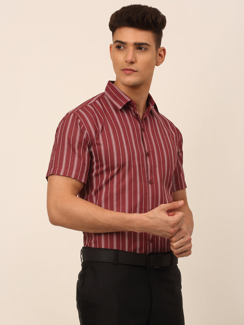 Jainish Men's Cotton Striped Formal Shirts - Maroon